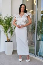 Φόρεμα maxi με σατέν λεπτομέρεια και φιόγκο άσπρο