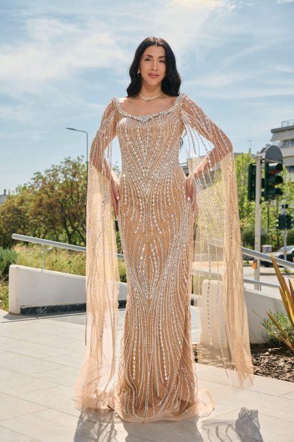 Φόρεμα maxi διακοσμημένο με πέτρες και στρας nude