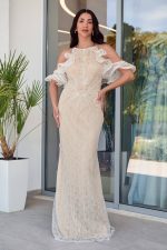 Φόρεμα maxi off shoulder με δαντέλα μπεζ - Image 2