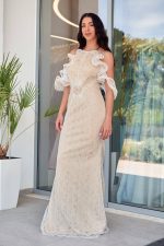 Φόρεμα maxi off shoulder με δαντέλα μπεζ - Image 3