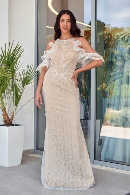 Φόρεμα maxi off shoulder με δαντέλα μπεζ