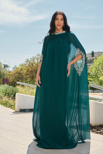 Φόρεμα maxi με διακοσμημένη τουνίκ κυπαρισσί