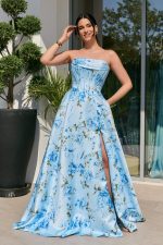 Φόρεμα maxi στράπλες με floral print baby blue - Image 2