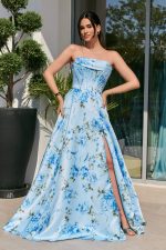 Φόρεμα maxi στράπλες με floral print baby blue