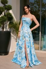 Φόρεμα maxi στράπλες με floral print baby blue - Image 4