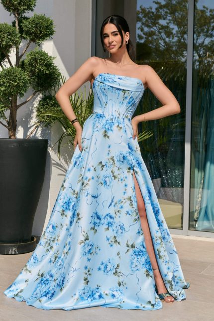 Φόρεμα maxi στράπλες με floral print baby blue