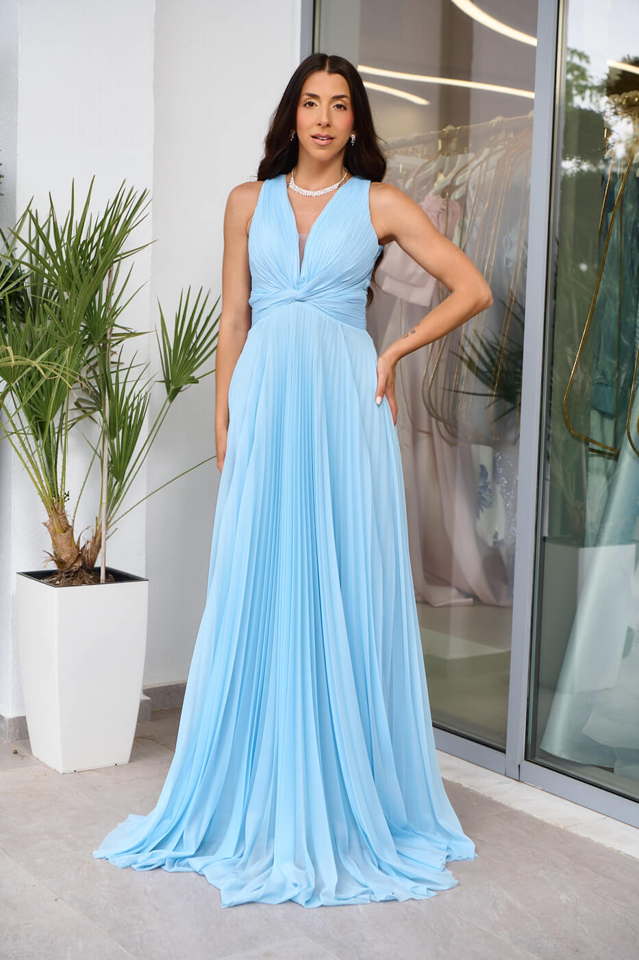 Φόρεμα maxi πλισέ με twisted σχέδιο στο μπούστο baby blue