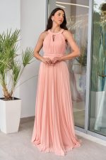 Φόρεμα maxi πλισέ με halter λαιμόκοψη και ραμμένη ζώνη σομόν - Image 2