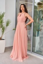 Φόρεμα maxi πλισέ με halter λαιμόκοψη και ραμμένη ζώνη σομόν - Image 3