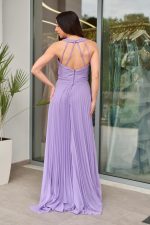 Φόρεμα maxi πλισέ με halter λαιμόκοψη και ραμμένη ζώνη λιλά - Image 5