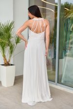 Φόρεμα maxi πλισέ με halter λαιμόκοψη και ραμμένη ζώνη άσπρο - Image 5