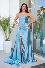 Φόρεμα maxi στράπλες σατεν με στρας baby blue