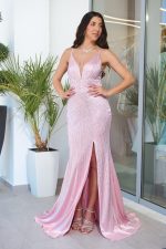 Φόρεμα γοργονέ maxi με στρας baby pink - Image 2