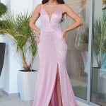 Φόρεμα γοργονέ maxi με στρας baby pink