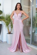 Φόρεμα γοργονέ maxi με στρας baby pink