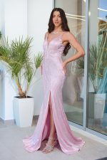 Φόρεμα γοργονέ maxi με στρας baby pink - Image 3