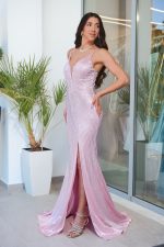 Φόρεμα γοργονέ maxi με στρας baby pink - Image 4