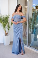Φόρεμα maxi lurex με διακοσμημένο μπούστο dusty blue - Image 2