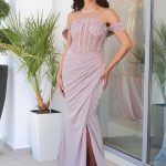 Φόρεμα maxi lurex με διακοσμημένο μπούστο dusty pink