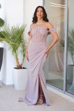 Φόρεμα maxi lurex με διακοσμημένο μπούστο dusty pink
