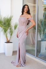 Φόρεμα maxi lurex με διακοσμημένο μπούστο dusty pink - Image 3