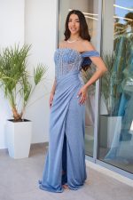Φόρεμα maxi lurex με διακοσμημένο μπούστο dusty blue - Image 4