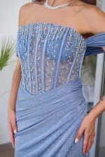 Φόρεμα maxi lurex με διακοσμημένο μπούστο dusty blue - Image 6