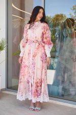Φόρεμα maxi floral με λεπτομέρεια δαντέλα σομόν - Image 2