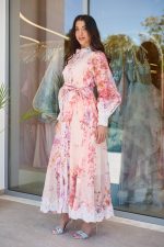 Φόρεμα maxi floral με λεπτομέρεια δαντέλα σομόν - Image 3