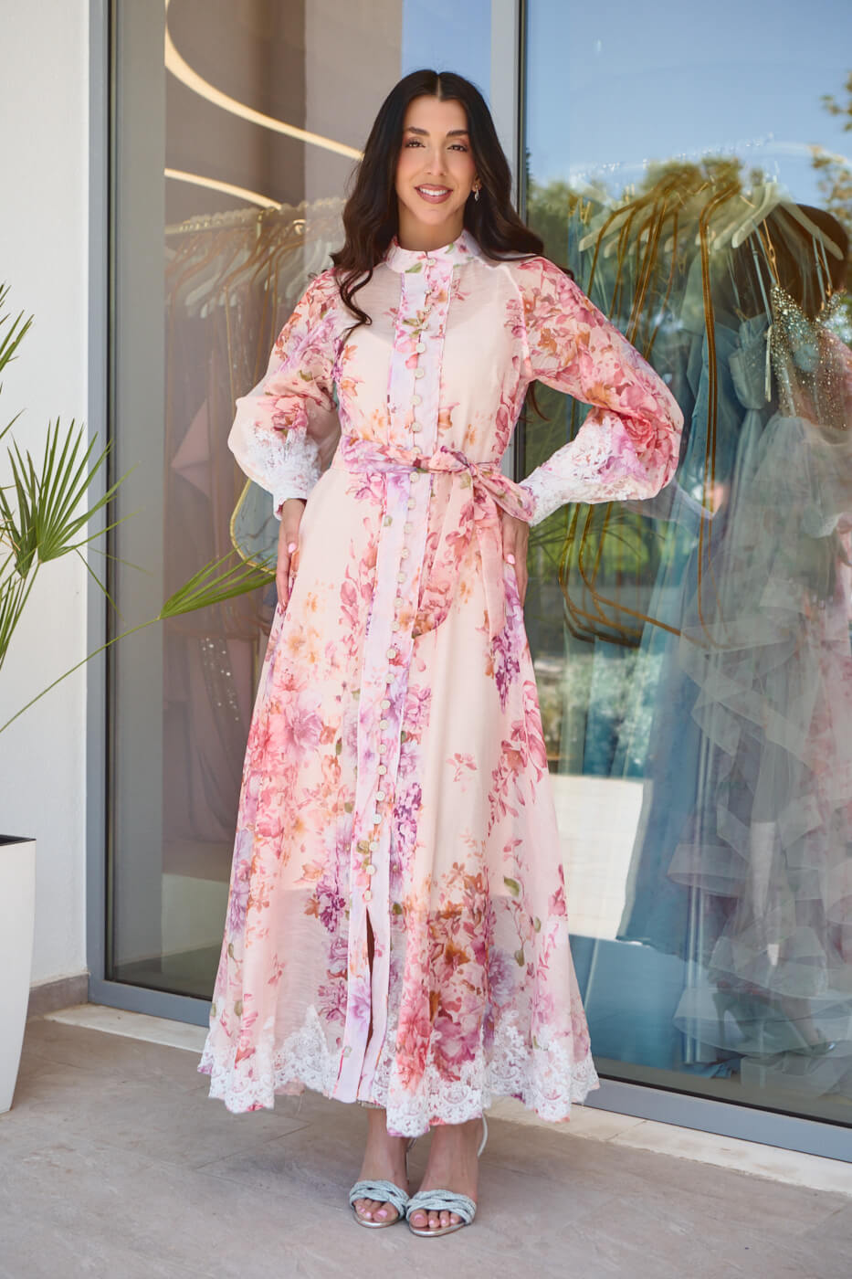 GA-2333 Φόρεμα maxi floral με λεπτομέρεια δαντέλα σομόν