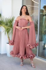 Φόρεμα midi off shoulder με πιέτες και βολάν σάπιο μήλο - Image 2