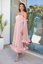 Φόρεμα midi off shoulder με πιέτες και βολάν dusty pink - Image 3
