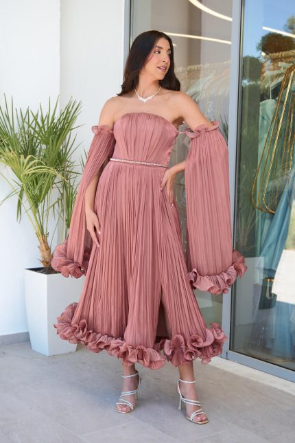 Φόρεμα midi off shoulder με πιέτες και βολάν σάπιο μήλο