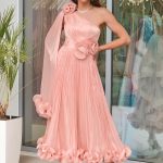 Φόρεμα midi one shoulder με 3D λουλούδια σομόν