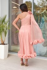 Φόρεμα midi one shoulder με 3D λουλούδια σομόν - Image 5