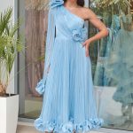 Φόρεμα midi one shoulder με 3D λουλούδια baby blue