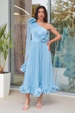 Φόρεμα midi one shoulder με 3D λουλούδια baby blue