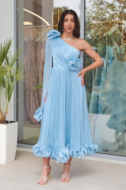 Φόρεμα midi one shoulder με 3D λουλούδια baby blue