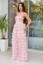 Φόρεμα maxi floral με βολάν λευκό-ροζ - Image 3