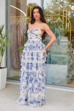 Φόρεμα maxi floral με βολάν λευκό-μπλε - Image 3