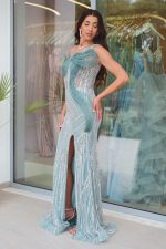 Φόρεμα maxi one shoulder με σχεδιαστική λεπτομέρεια και χάντρες μέντα - Image 3