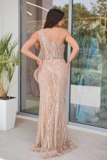 Φόρεμα maxi one shoulder με σχεδιαστική λεπτομέρεια και χάντρες nude - Image 5