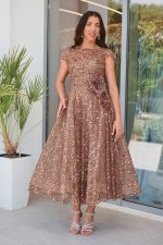 Φόρεμα midi με παγιέτες και 3D λουλούδι bronze