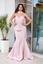 Φόρεμα maxi στράπλες γοργονέ τύπου πέπλουμ baby pink - Image 2