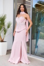 Φόρεμα maxi στράπλες γοργονέ τύπου πέπλουμ baby pink - Image 3
