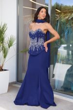 Φόρεμα maxi στράπλες γοργονέ τύπου πέπλουμ navy blue - Image 4
