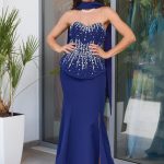 Φόρεμα maxi στράπλες γοργονέ τύπου πέπλουμ navy blue