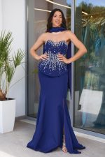 Φόρεμα maxi στράπλες γοργονέ τύπου πέπλουμ navy blue
