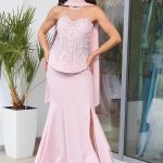 Φόρεμα maxi στράπλες γοργονέ τύπου πέπλουμ baby pink