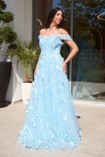 Φόρεμα maxi off shoulder με 3D λεπτομέρειες baby blue - Image 3